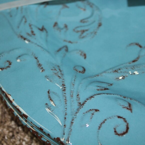 Soho Loft Blue Brown Rustic Flower Set of 4 11" Melamine Dinner Plates NWT RARE - Picture 3 of 7